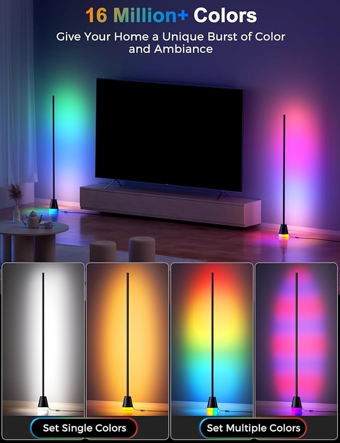 RGB Floor Lamp, Smart LED Corner Lamp for Living Room Bedroom, 16 Million DIY Colors Standing Lamp with Music Sync App & Remote Control, Cool Modern Mood Light Ambient Lighting, Black