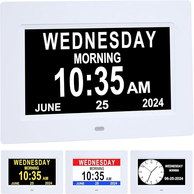 7 Inch Extra Large Day Date Time Digital Day Calendar Clocks with Auto-Dimming 12 Alarm Reminders Dementia Clock for Senior Elderly impaired Vision Memory Loss