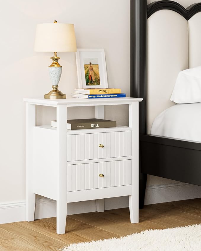 Fluted Nightstand, Farmhouse Night Stand with 2 Drawers, Mid Century Modern Side Accent Table,Bedside End Table for Bedroom, Living Room, White