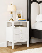 Fluted Nightstand, Farmhouse Night Stand with 2 Drawers, Mid Century Modern Side Accent Table,Bedside End Table for Bedroom, Living Room, White