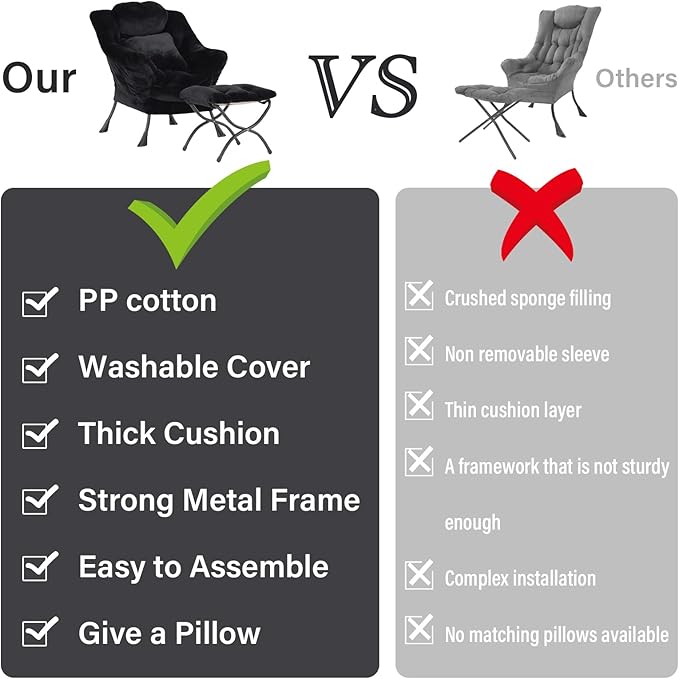 Lazy Chair with Ottoman, Large Black Lounge Accent Chair with Ottoman and FA Throw Pillow, Comfy Plush Reading Chair for Living Room Bedroom Dorm Room Office Apartment Relaxing Use