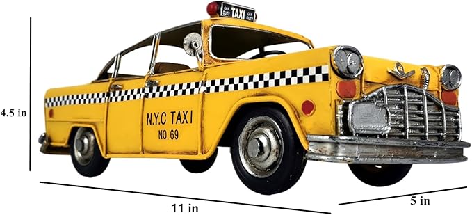 Retro Handmade Yellow NYC Classic Checkered Taxi Cab Model 11" L New York City Taxi Model Hand Made Metal Collectible Vehicle Model for Showcase Decor