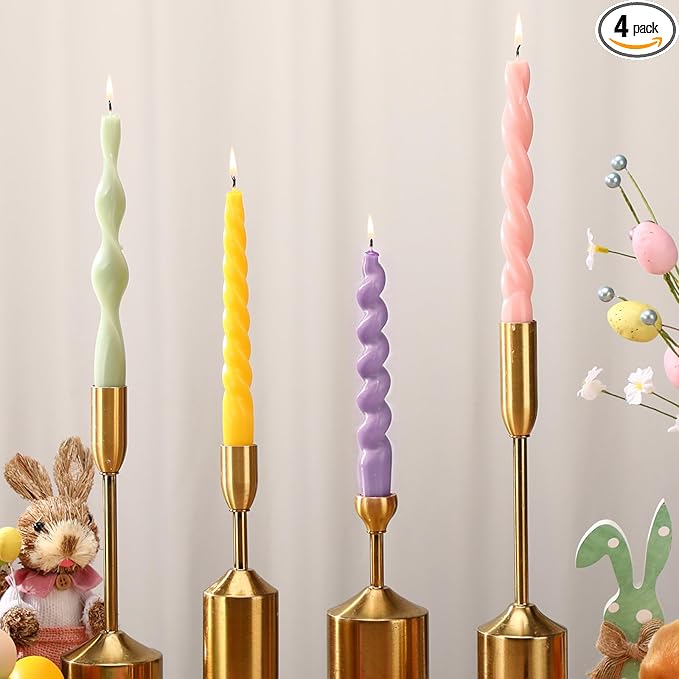 Nuanchu 4 Pcs 7.87 Inch Twisted Taper Candles Wax Unscented Smokeless Spiral Swirl Candlesticks for Wedding Holiday Dinner Party Home Decorations (Easter Color)