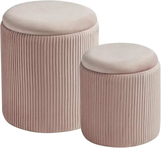 Round Set of 2 Ottoman with Storage-Upholstered Velvet Vanity Stool for MakeupMultifunctional Ottomans Coffee Table Padded Seat Foot Rest for Living Room&Bedroom(Pink)