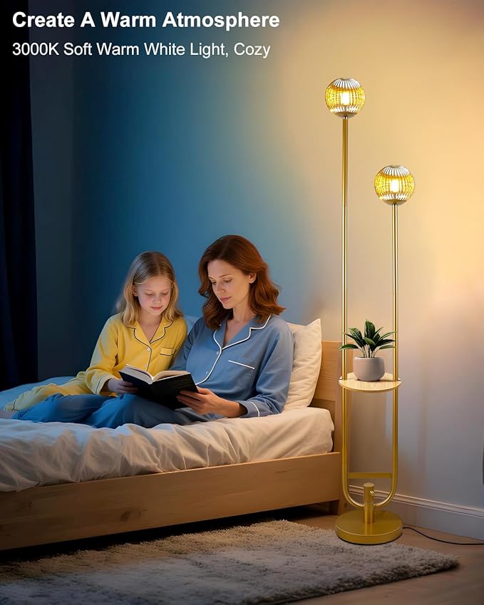 Glass Floor Lamp with Tray, Gold Dimmable Globe Floor Lamp for Wedding/Party, 2Pcs 3000K Soft Warm White Bulbs Included, Mid Century Modern Standing Lamps for Living Room Bedroom