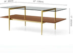 X-Large Rectangle Glass Coffee Table, Mid-Century Modern Design for Living Room, L47xW24xH17 inch, 2-Tier Structure, Clear Glass Top and Walnut MDF Shelf, Conical Metal Legs with Gold Finish