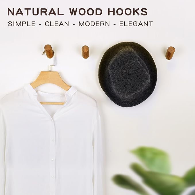 Wood Wall Hooks, 3 Pack Rustic Coat Hook Wall-Mounted, Decorative Hooks for Hanging Coats Hats Towels Robes Hat Rack for Wall (Walnut Wood)