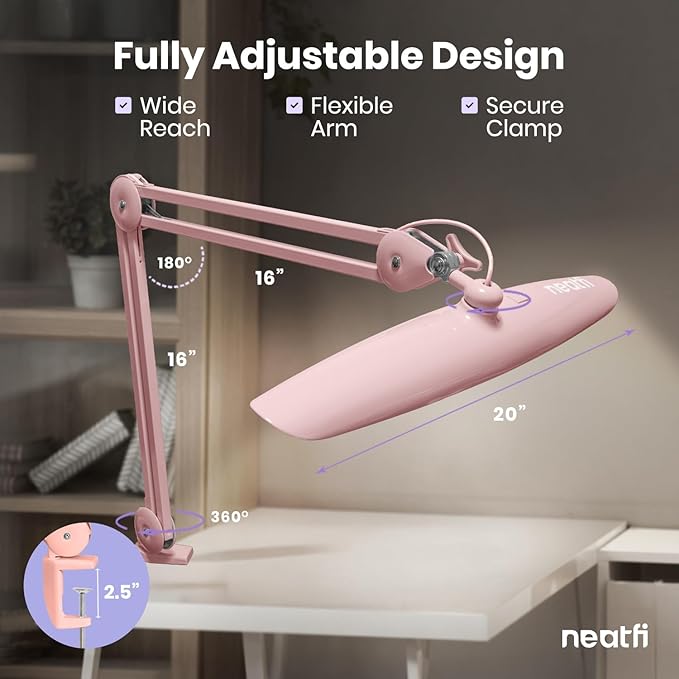 Neatfi XL Nail Desk Lamp with Clamp, 2200 Lumens, 20-Inch Wide Head, Dimmable 4 Levels, 6500K, LED Task Light for Manicure Table, Crafts, Workbench, Office (Non-CCT, Rose Gold)