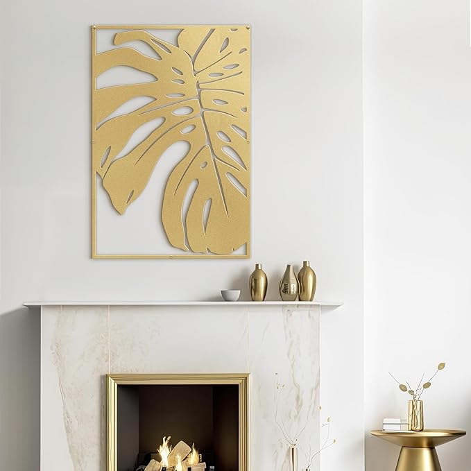 SIGNLEADER Metal Wall Art Decor Monstera Leaf Minimalist Modern Abstract Wall Sculpture Hangings Home Decoration for Living Room, Bedroom, Bathroom, Kitchen, Outdoor - 24" Gold