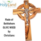 Holy Land Market 10" Celtic Olive Wood Wall Crucifix – Handmade in Bethlehem with Metal Saint Benedict Medal (Front & Back), Certificate, Prayer Card & Medal Explanation – Solid Olive Wood Cross