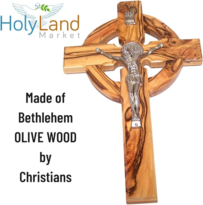 Holy Land Market 10" Celtic Olive Wood Wall Crucifix – Handmade in Bethlehem with Metal Saint Benedict Medal (Front & Back), Certificate, Prayer Card & Medal Explanation – Solid Olive Wood Cross