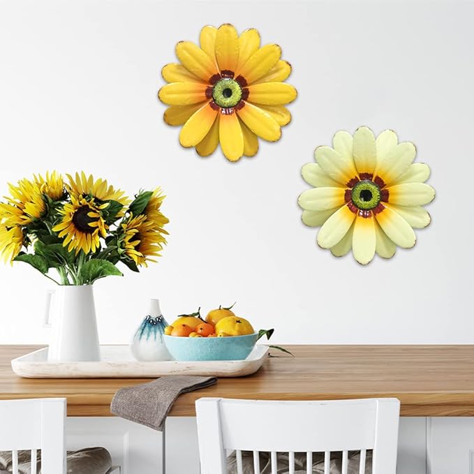 YEAHOME 10'' Sunflower Wall Decor, Metal Flower Wall Art Decorations, Sunflower Spring Yard Garden Decor Hanging for Kitchen, Bathroom, Handmade Gift for Indoor or Outdoor, Set of 2 Wall Sculptures