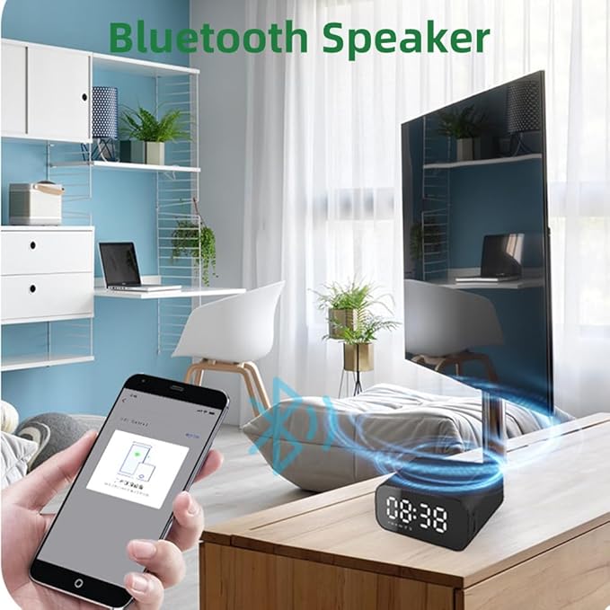IHAO 7in1 Multifunctional Digital Alarm Clock with 15W Fast Wireless Charger Bluetooth Speaker LED Display Clock FM Radio TF Card, AUX Input, USB Port Dual Alarm for Bedroom and Office-BT510 Black
