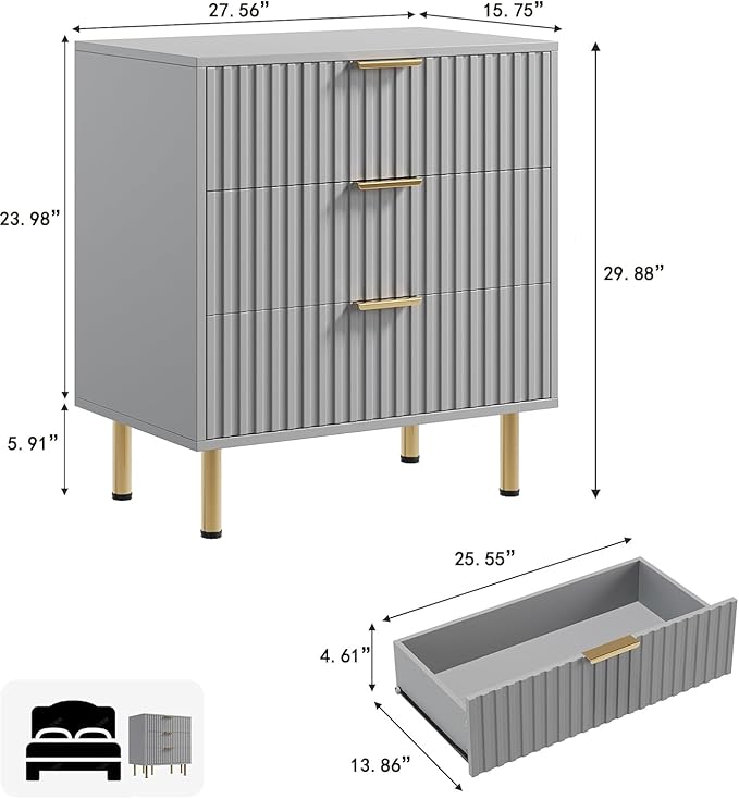 GarveeHome 3 Drawer Dresser for Bedroom, Fluted Modern Nightstand with Deep Drawers, Chest of Drawers with Wide Top, Wooden Dresser Organizer, Side Table for Living Room, Hallway, Kids Room, Grey