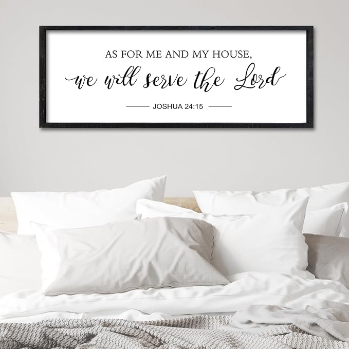 Surfapans Bible Verse Wall Decor As for Me and My House We Will Serve the Lord Sign 32"×12" Joshua 24 15 Christian Scripture Inspirational Rustic Farmhouse Living Room Wood Frame Hanging Art (Black)