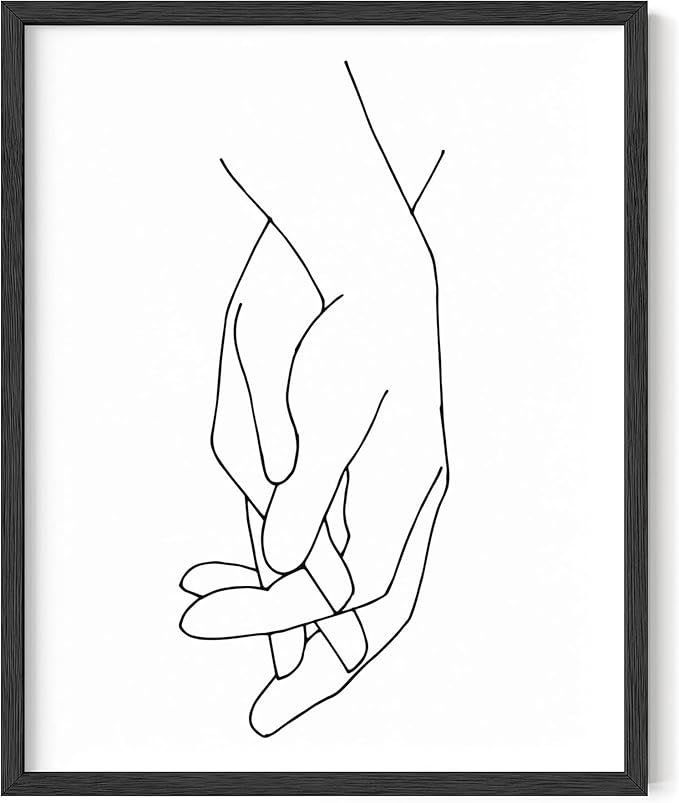 Holding Hands Wall Art Interlocking Fingers Connection Continuous Line Drawing 16x20 Inch Oak Wood Black Framed Modern Minimalist Unity Print for Bedroom