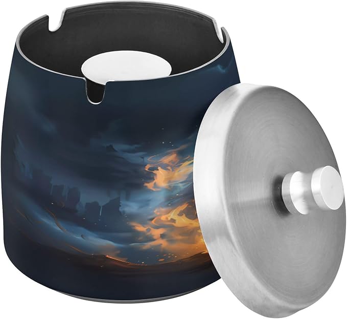 Fire Wolf Ashtray with Lid, Outdoor Ashtrays for Patio, Stainless Steel Ashtray Odorless Smokeless for Home Office Balcony