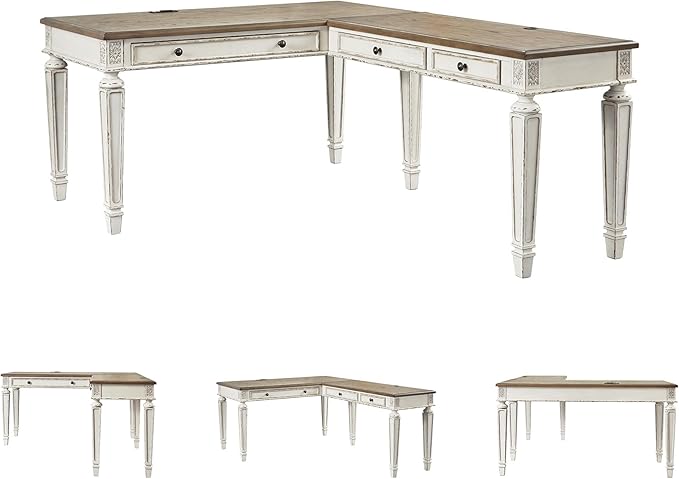 Signature Design by Ashley Realyn Cottage L-Shaped Distressed 2-Piece Home Office Desk with Power Supply and USB Ports, White & Light Brown
