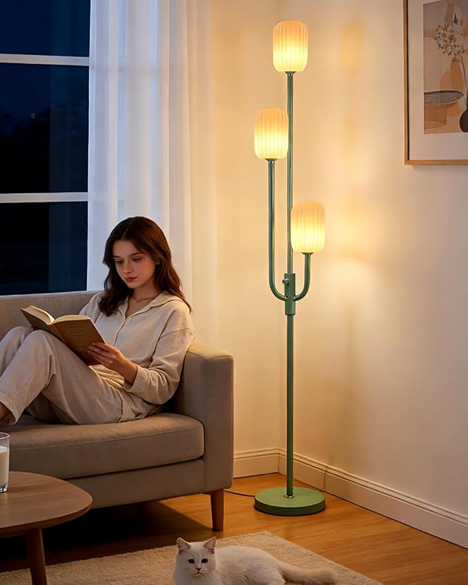 Lightdot 66IN Dimmable Floor Lamp 3-Lights Vintage Green Floor Lamps with Cylindrical Shade& Bulbs Included for Wedding/Party Modern Tall Standing Lamp for Living Room/Bedroom/Sofa Beside/Corner Decor