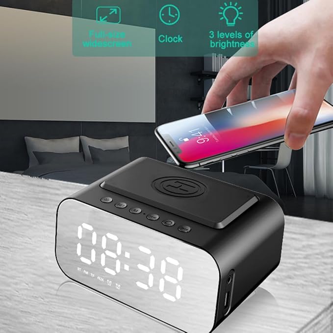 IHAO 7in1 Multifunctional Digital Alarm Clock with 15W Fast Wireless Charger Bluetooth Speaker LED Display Clock FM Radio TF Card, AUX Input, USB Port Dual Alarm for Bedroom and Office-BT510 Black
