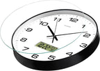 Wall Clock, 14" Large Dial Non-Ticking Silent Battery Operated Analog with LCD Display for Perpetual Calendar and F° Temperature, Ideal Modern Home, Bedroom, Office Decor (Black)