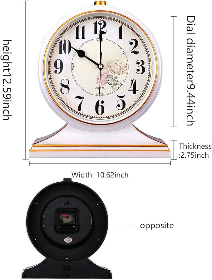 rnuie Desk Clock for Table Decor, Retro Mantel Clock Battery Operated for Fireplace Mantel, Living Room, Bedroom, Office, Desktop Decoration(White)