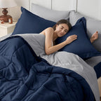 JOLLYVOGUE King Comforter Set, Ultra-Soft Bed in a Bag King Size 7 Pieces, Oeko-TEX Certified Bedding Set with Down Alternative Comforter, Sheets, Pillowcases & Shams, Navy Blue & Light Grey
