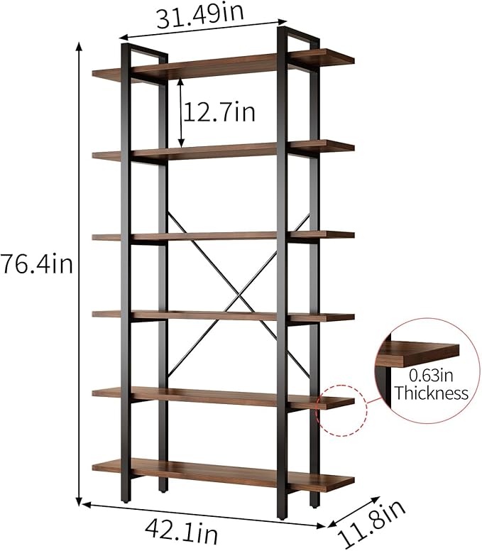 Bookshelf, Industrial Style Bookcase, Book Rack, Storage Rack Shelves in Living Room/Home/Office, Books Holder Organizer for Books/Movies (6-Tiers)
