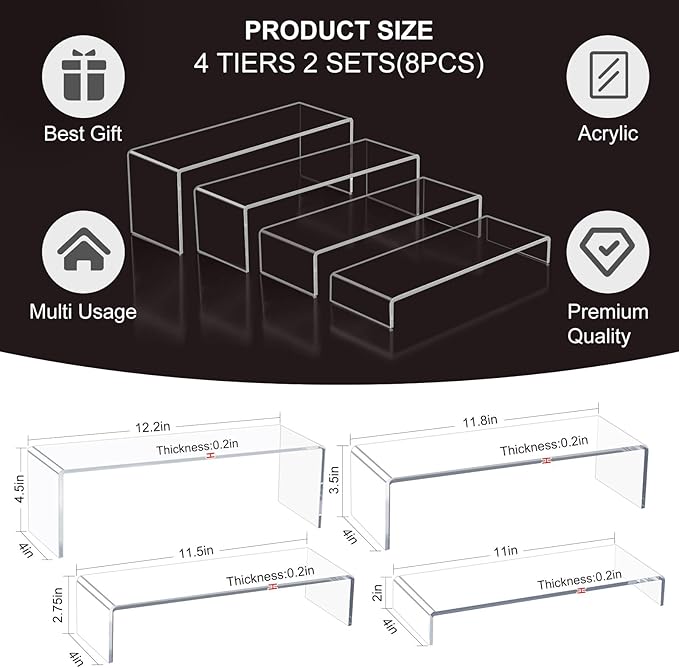 Acrylic Display Riser Stand,5mm Thickness, 12'' Length Tier Display Stands, Thickened to 0.2''(5mm) Acrylic Shelf Risers for Perfume Display,Risers for Buffet Table,Cupcake Stand,Pop Figurines,Tumbler,Food,8Pcs
