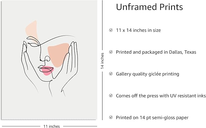 Y2K BOO Aesthetic Face UNFRAMED Wall Art Hands on Cheeks Continuous Line Drawing Abstract Pink Shapes 11x14 Inch Heavyweight Paper Studio Decor