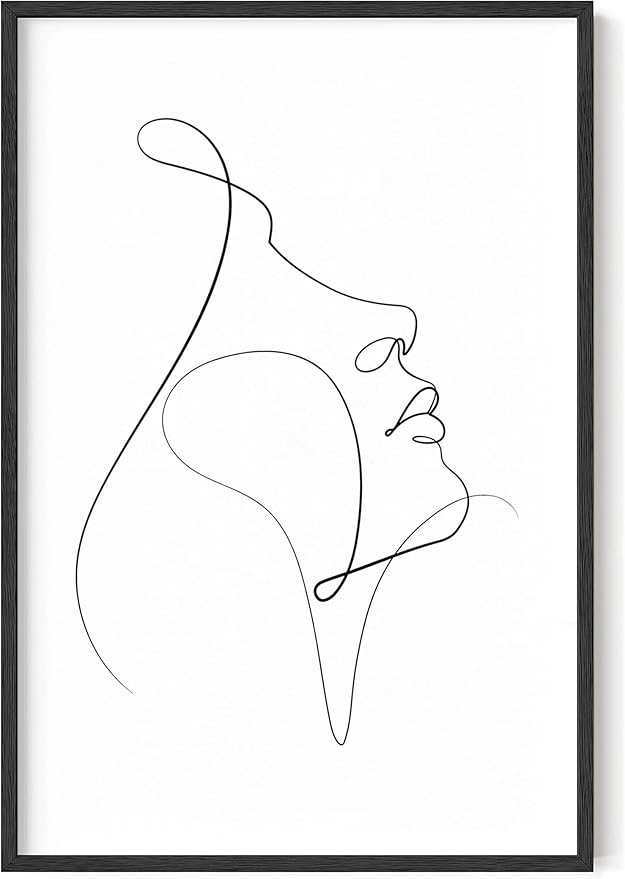 Minimalist Woman Profile Wall Art Upward Gaze Continuous Line Drawing Feminine Face 24x36 Inch Oak Wood Black Framed Modern Aesthetic Print for Living Room