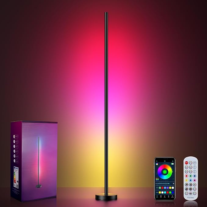 Smart RGBICW LED Corner Floor Lamp - 16 Million DIY Colors, 68+ Scenes, Music Sync, App & Remote Control, Color-Changing Ambient Lighting for Living Rooms, Bedrooms, and Gaming Rooms