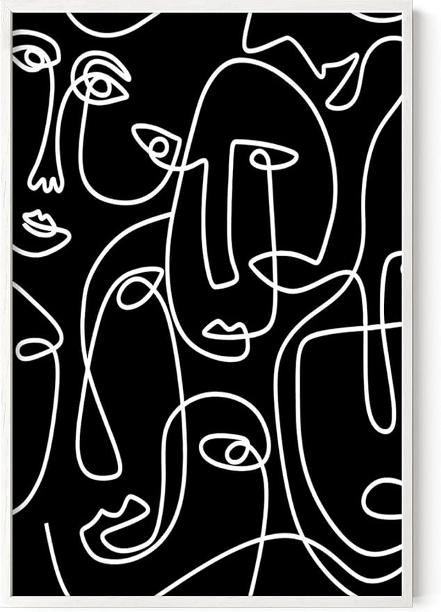 Abstract Face Pattern Wall Art Black Background White Continuous Line Drawing 24x36 Inch Oak Wood White Framed Modern Diverse Portrait for Living Room Decor
