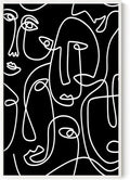 Abstract Face Pattern Wall Art Black Background White Continuous Line Drawing 24x36 Inch Oak Wood White Framed Modern Diverse Portrait for Living Room Decor