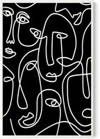 Abstract Face Pattern Wall Art Black Background White Continuous Line Drawing 24x36 Inch Oak Wood White Framed Modern Diverse Portrait for Living Room Decor