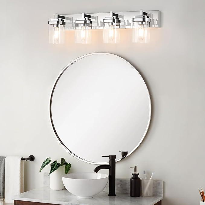 Vanity Light Fixture,4-Light Vanity Light for Bathroom,Chrome Bathroom Vanity Lighting Over Mirror with Square Clear Glass Shade for Restroom