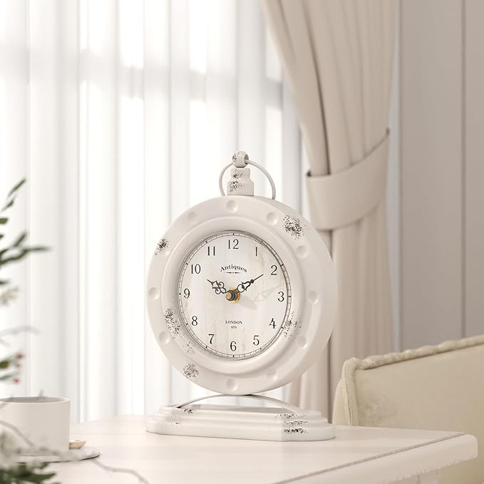 Vintage Table Clock, Desk and Shelf Mantel Clock, Antiques London Style White Decor Clocks, for Farmhouse, Living Room, Bedroom, Bedside, Gift (8.8" H x 6.3" W)