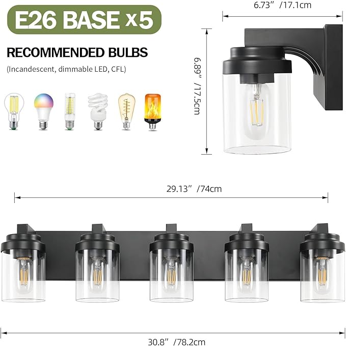 5-Light Bathroom Vanity Light Bathroom Light Fixtures Over Mirror, 31" Black Vanity Lights with Glass Shade, Modern Wall Sconce for Cabinet Porch Bedroom, Hallway E26