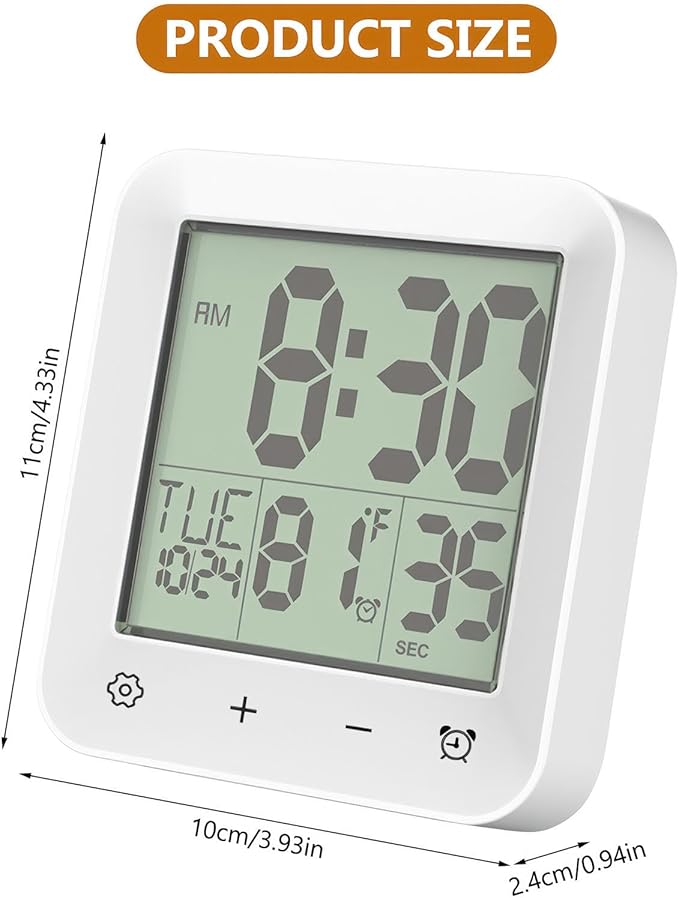 Houkiper Shower Clock Waterproof Bathroom Timer, Digital Shower Timer with Countdown, Suction Cup Clock, LCD Display, Temperature Gauge Wall Clock Touch Screen Waterproof Clock for Bathroom, White