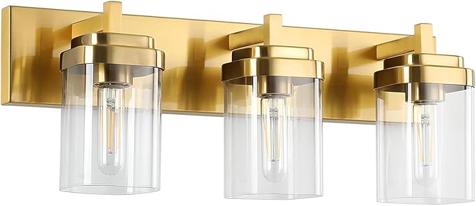Vanity Light Fixture,3-Light Vanity Light for Bathroom,Brushed Gold Bathroom Vanity Lighting Over Mirror with Square Clear Glass Shade for Restroom