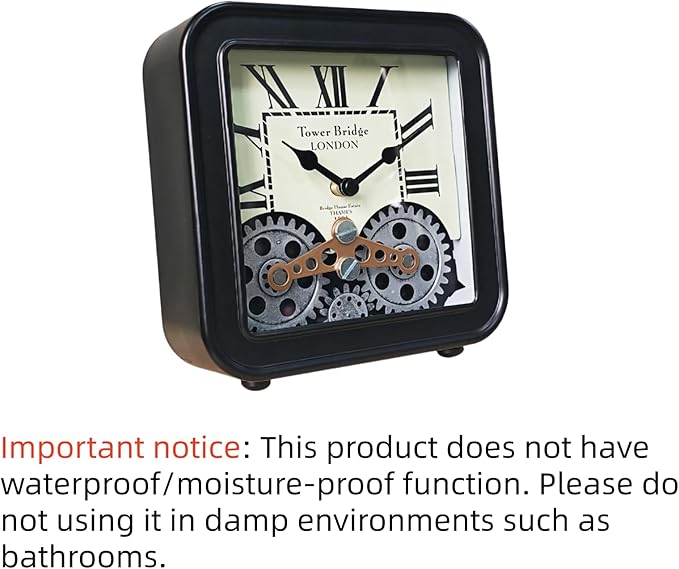 Vintage Steampunk Desk Clock, 6 Inch Metal Industrial Table Clock with Moving Gears, Silent Non-Ticking Quartz, Battery Operated Shelf Decor for Home Office Living Room（Black）