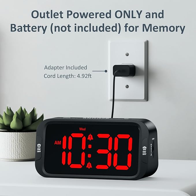 Digital Dual Alarm Clock for Bedroom, Easy to Set, 0-100% Dimmer, USB Charger, 5 Sounds Adjustable Volume, Weekday/Weekend Mode, Snooze, 12/24Hr, Battery Backup, Compact Clock for Bedside(Red)