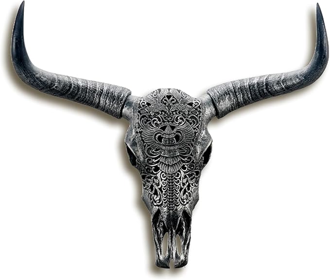 Long Horn Cow Skull, Cow Skull Wall Hanging Decor,Wall Hanging Boho Style Faux Longhorn Skull Faux Taxidermy Animal Head, Handmade Decor Home Sculpture Faux Bull Horns for Wall 27″*26″*10″ (Black)