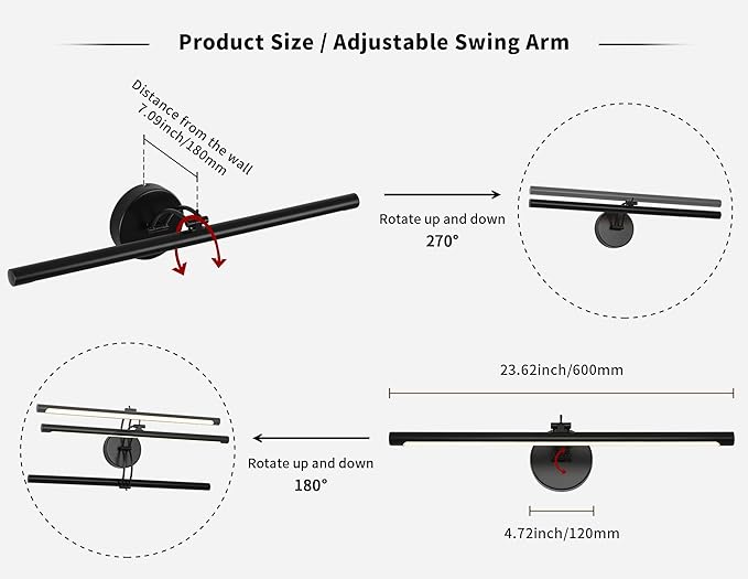 Picture Light Dimmable Hard Wired 23.62 Inch Adjustable Swing Arm Black Wall Lights for Pictures Led Display Light for Artwork 14W Warm White