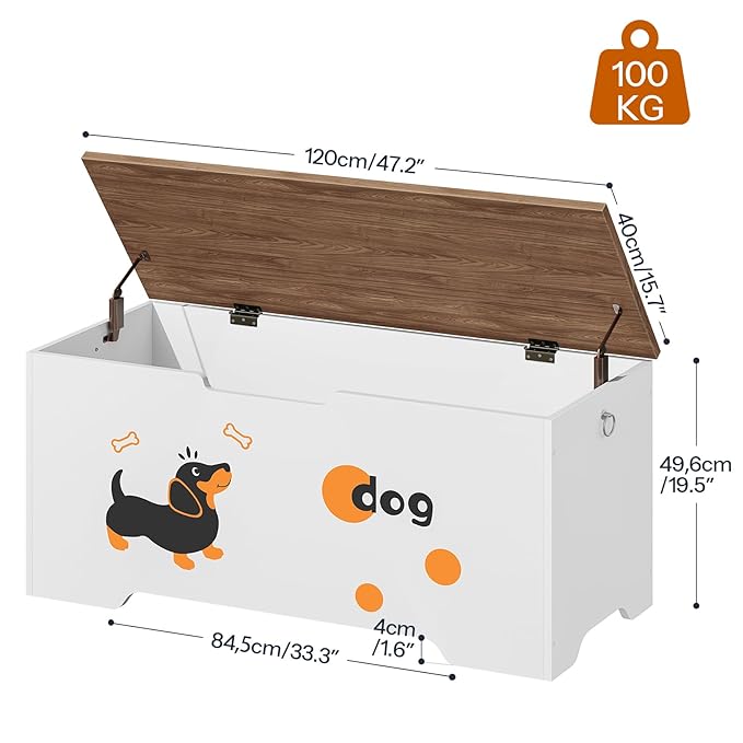 HOOBRO Toy Box, Toy Chest with 2 Safety Hinges, 47.2" Storage Bench, Wooden Storage Chest, for Entryway, Bedroom, Living Room, White and Walnut WH496CW01