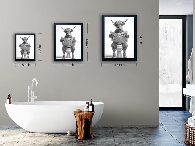 Funny Highland Cow Bathroom Wall Art - Framed Black and White Bathroom Wall Decor, Humorous Cow Picture Wall Decor with Cute Animal Canvas, Modern Farmhouse Style Restroom Sign Art for Toilet & Washroom 16"x20"