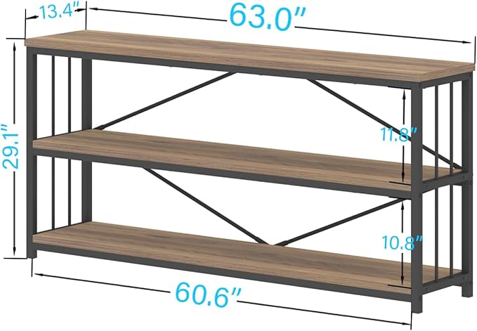 IBF Industrial 3 Tier Bookshelf, Rustic Low Wood and Metal Book Shelf, Farmhouse Long Wide Open Horizontal Bookcase, Modern Large Vintage Etagere for Home Office Bedroom Living Room, Rustic Oak, 63 In