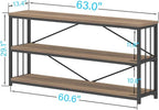 IBF Industrial 3 Tier Bookshelf, Rustic Low Wood and Metal Book Shelf, Farmhouse Long Wide Open Horizontal Bookcase, Modern Large Vintage Etagere for Home Office Bedroom Living Room, Rustic Oak, 63 In