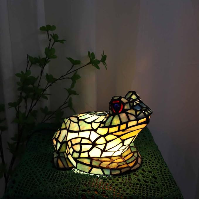 Bieye L10829 Frog Table Lamp Tiffany Style Stained Glass Accent Night Light for Home Décor Nursery Bedside (Multi-Colored)
