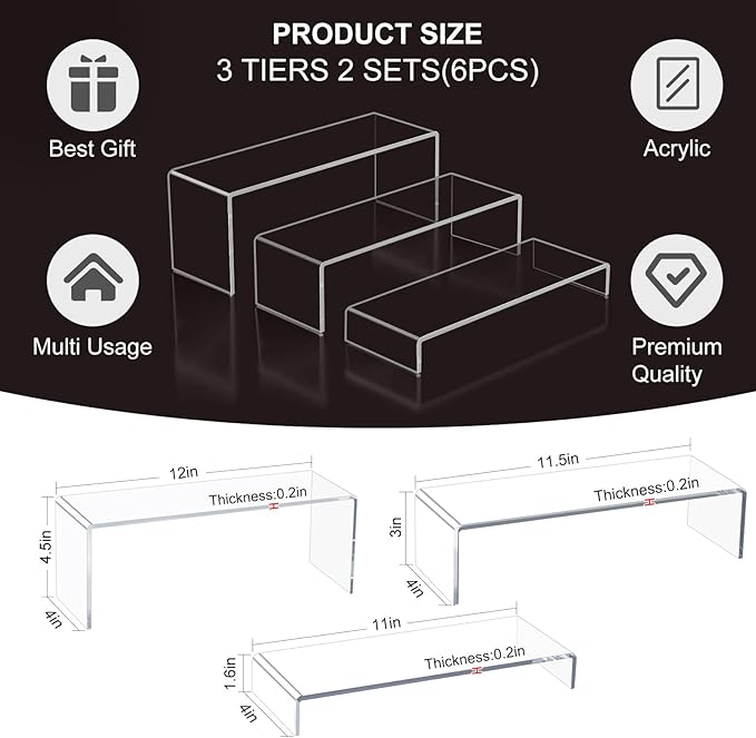 Acrylic Display Riser Stand,5mm Thickness,12'' Length Tier Display Stands, Thickened to 0.2''(5mm) Acrylic Shelf Risers for Perfume Display,Risers for Buffet Table,Cupcake Stand,Pop Figurines,Tumbler,Food,6Pcs